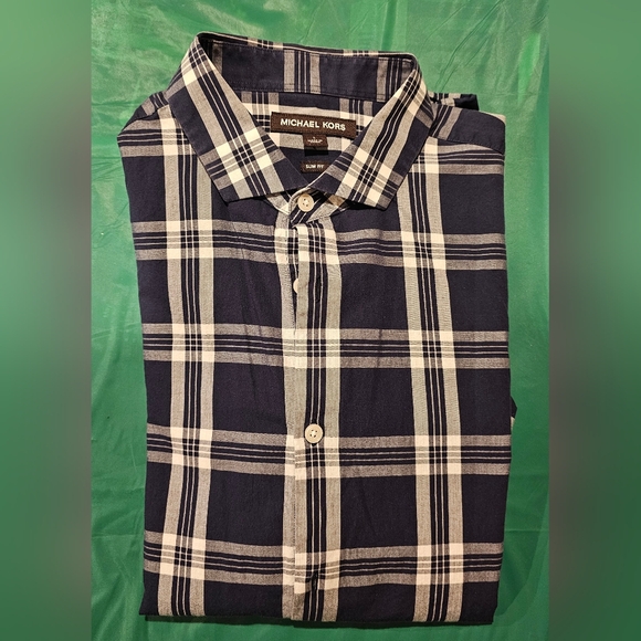 Michael Kors Men's Navy and White Plaid Shirt - Picture 1 of 7